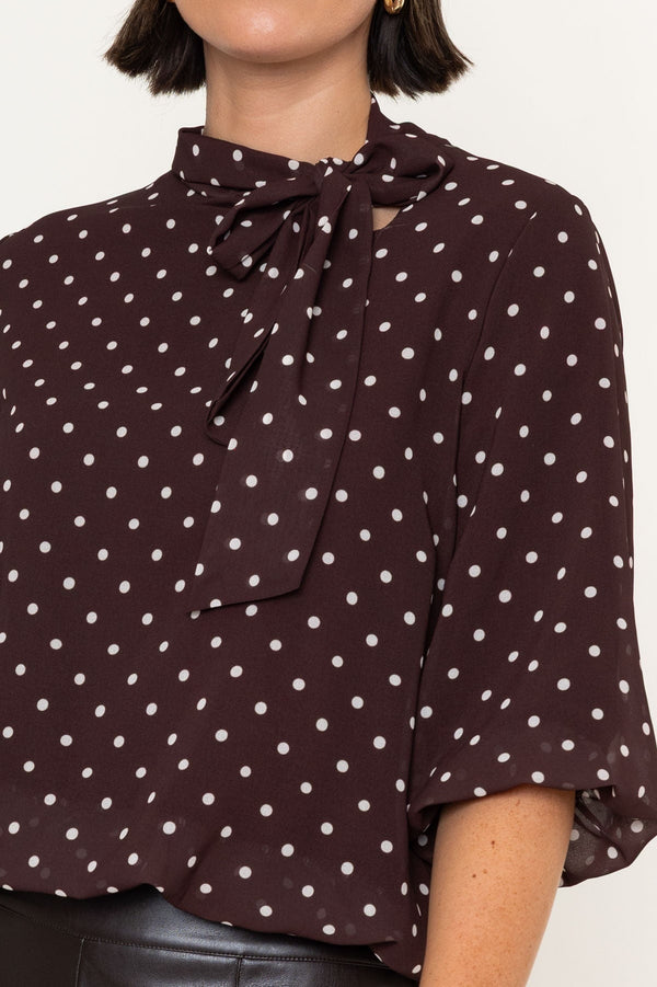 Carraig Donn Brown & White Polka Dot Print Chiffon Bow Neck 3/4 Sleeve Blouse