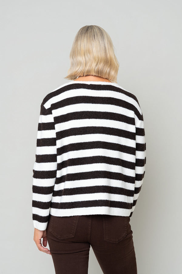 Carraig Donn Brown Wool Wide Stripe Button Cardigan