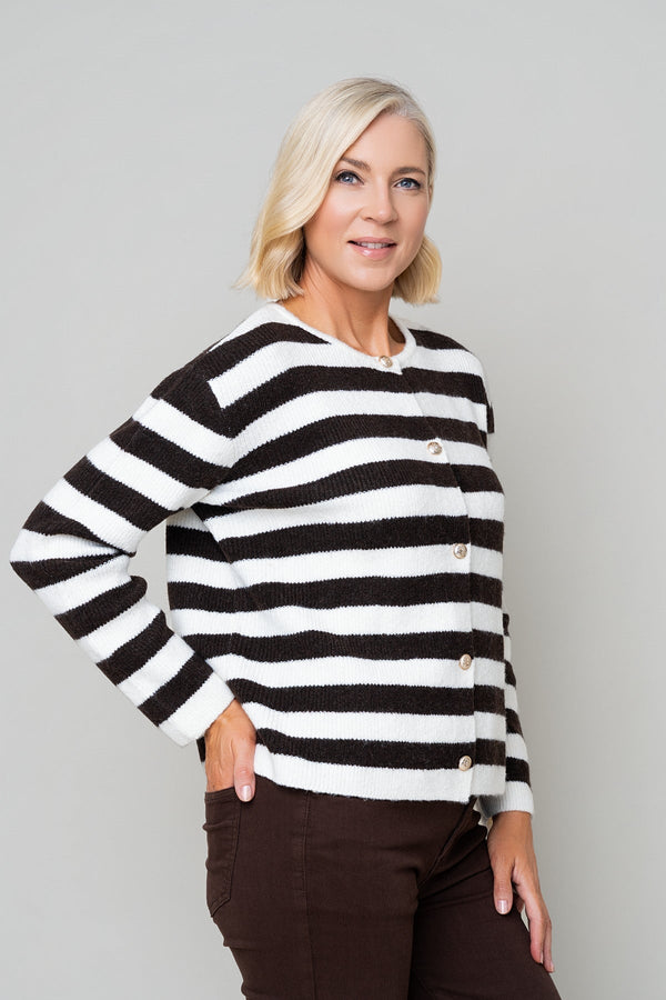Carraig Donn Brown Wool Wide Stripe Button Cardigan