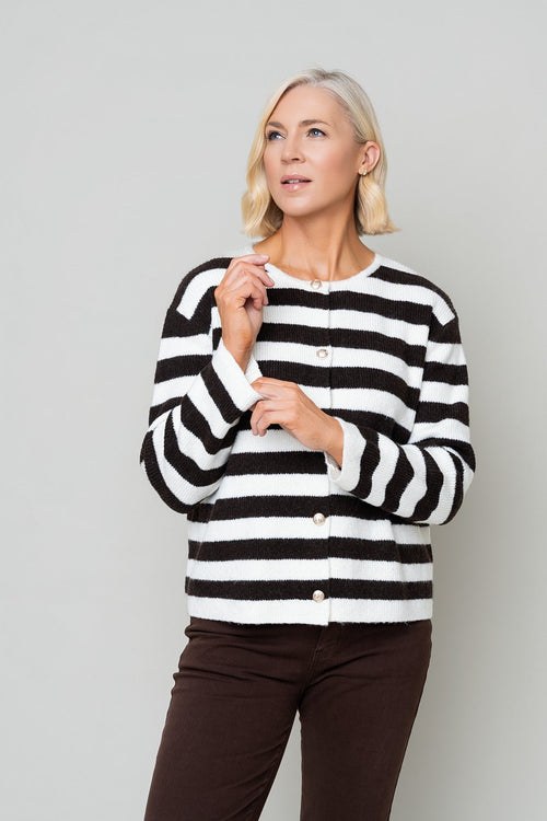 Brown Wool Wide Stripe Button Cardigan