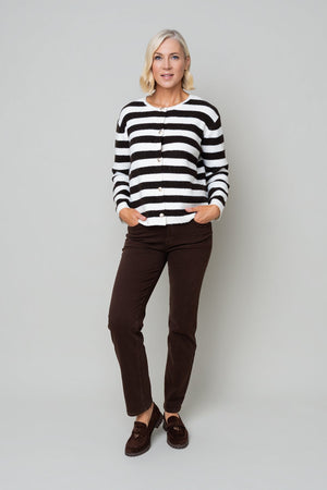 Carraig Donn Brown Wool Wide Stripe Button Cardigan