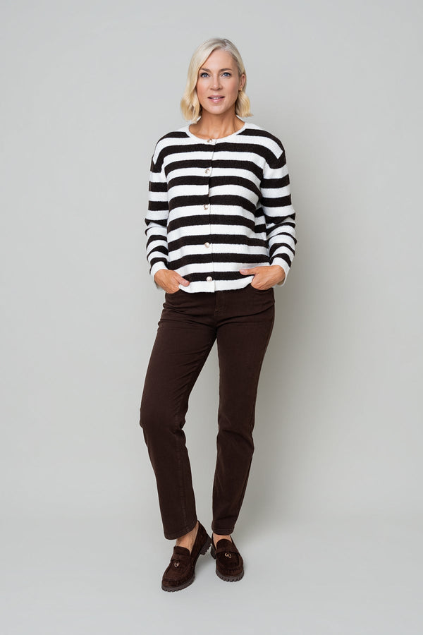 Carraig Donn Brown Wool Wide Stripe Button Cardigan