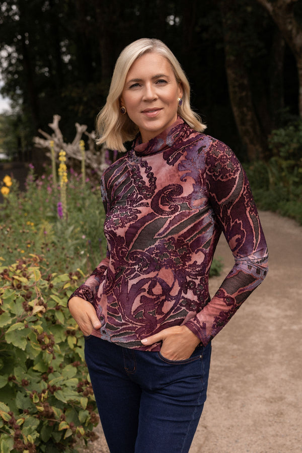 Carraig Donn Burgundy Abstract Print Burnout Polo Neck Long Sleeve Top