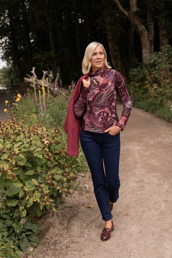 Carraig Donn Burgundy Abstract Print Burnout Polo Neck Long Sleeve Top