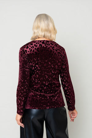 Carraig Donn Burgundy Animal Velvet Side Gather Long Sleeve Top