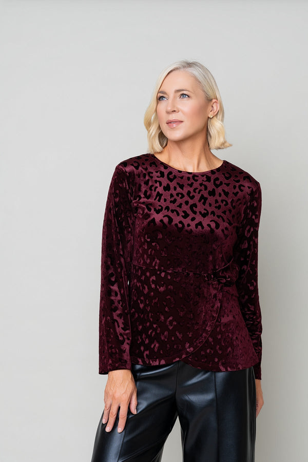 Carraig Donn Burgundy Animal Velvet Side Gather Long Sleeve Top