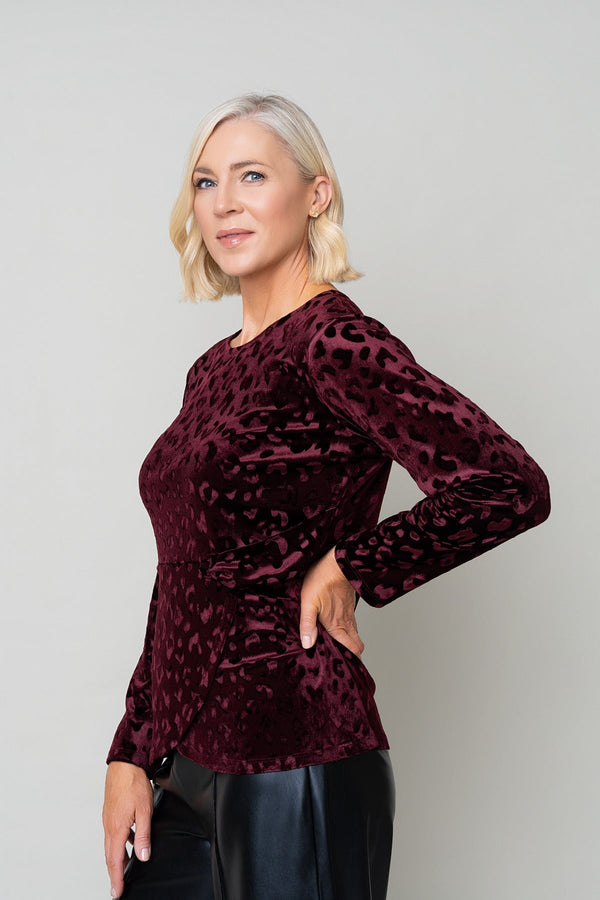 Carraig Donn Burgundy Animal Velvet Side Gather Long Sleeve Top