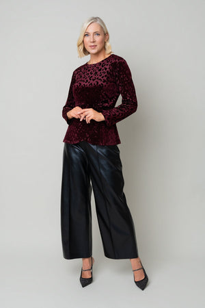 Carraig Donn Burgundy Animal Velvet Side Gather Long Sleeve Top