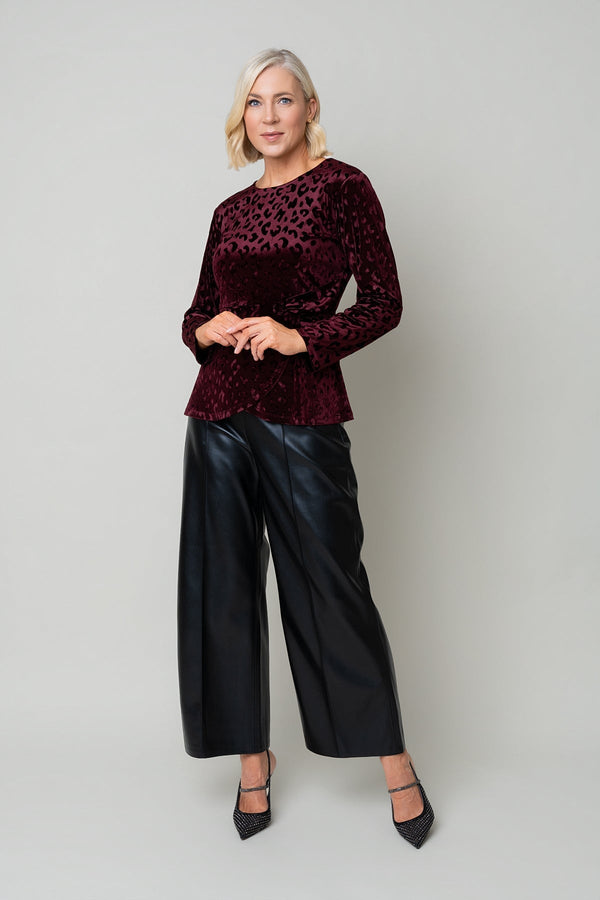 Carraig Donn Burgundy Animal Velvet Side Gather Long Sleeve Top