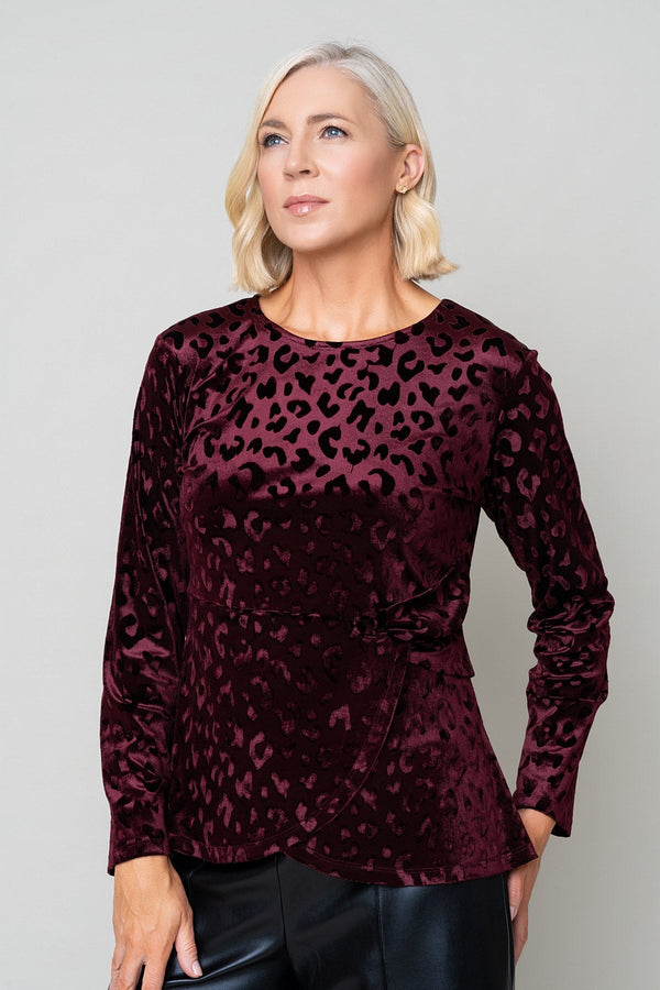 Carraig Donn Burgundy Animal Velvet Side Gather Long Sleeve Top
