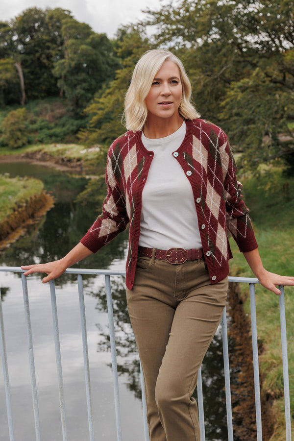 Carraig Donn Burgundy Argyle Knitted Long Sleeve Cardigan