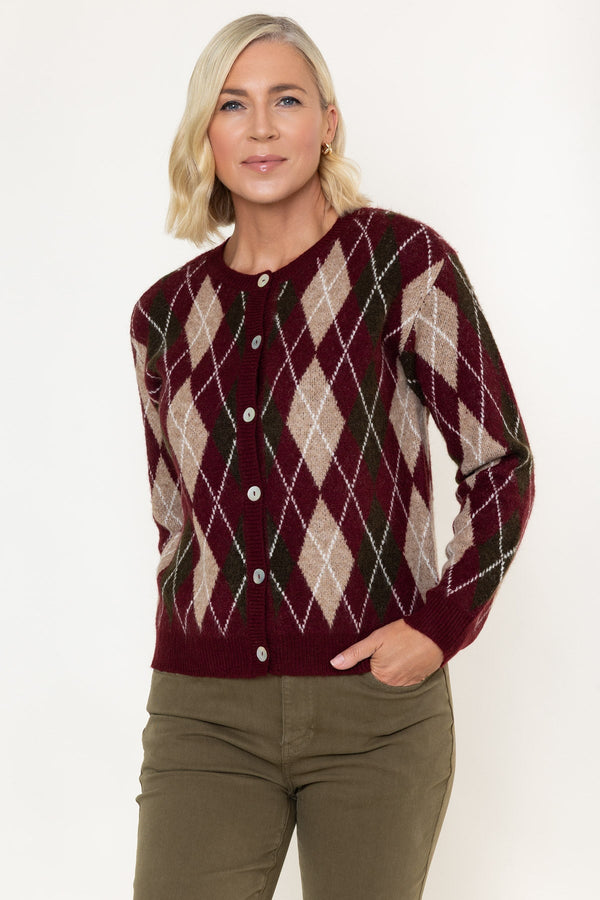 Carraig Donn Burgundy Argyle Knitted Long Sleeve Cardigan