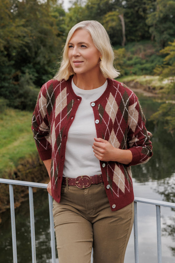 Carraig Donn Burgundy Argyle Knitted Long Sleeve Cardigan