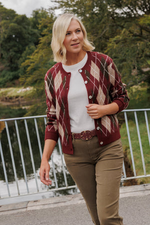 Carraig Donn Burgundy Argyle Knitted Long Sleeve Cardigan