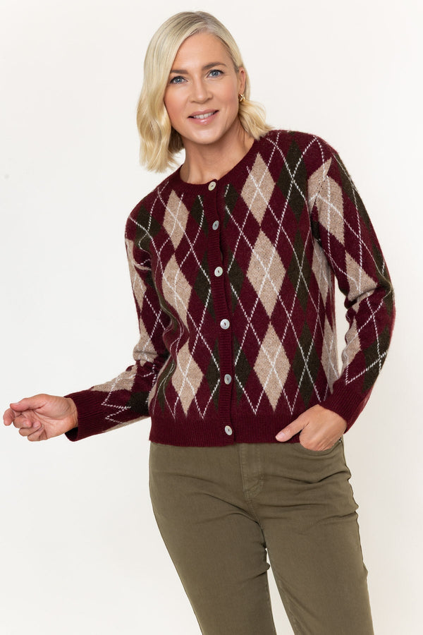 Carraig Donn Burgundy Argyle Knitted Long Sleeve Cardigan