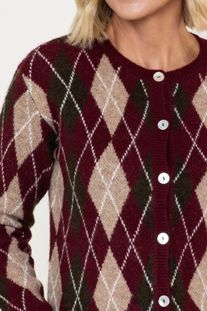 Carraig Donn Burgundy Argyle Knitted Long Sleeve Cardigan