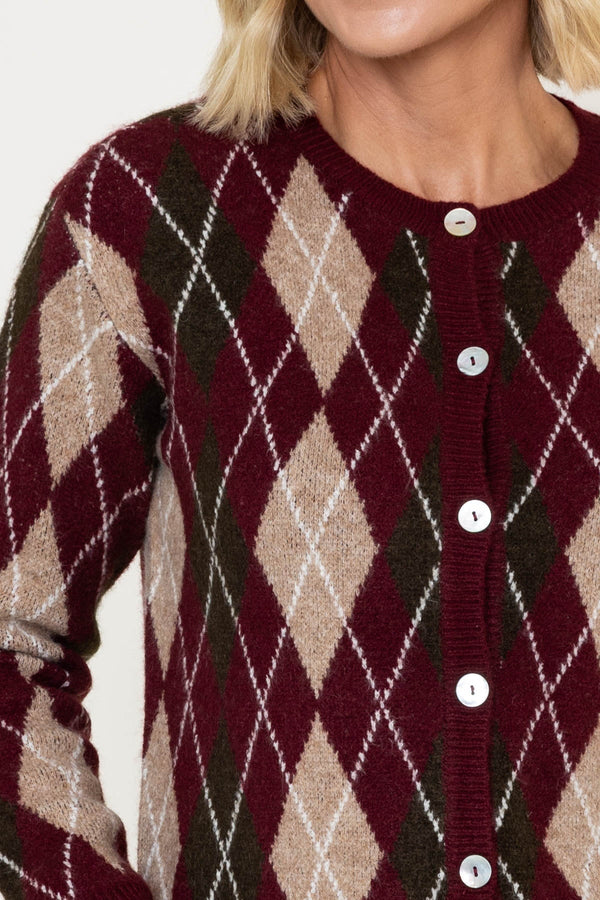 Carraig Donn Burgundy Argyle Knitted Long Sleeve Cardigan