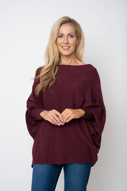 Burgundy Batwing Boat Neck Knit Jumper