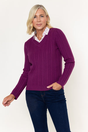 Carraig Donn Burgundy Cable Knit With Shirt Collar Long Sleeve Jumper