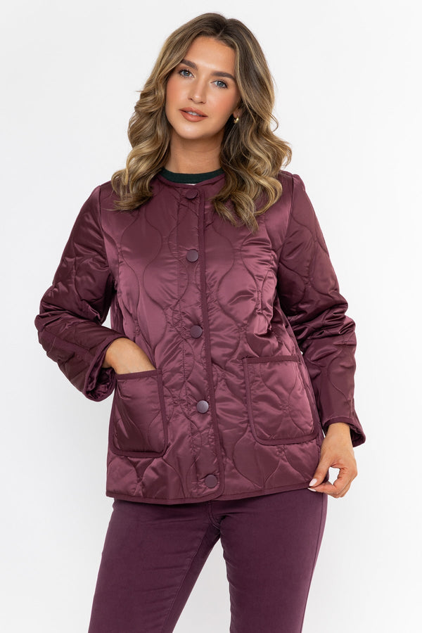 Carraig Donn Burgundy Collarless Quilted Padded Long Sleeve Jacket