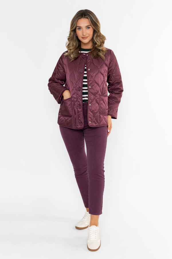 Carraig Donn Burgundy Collarless Quilted Padded Long Sleeve Jacket