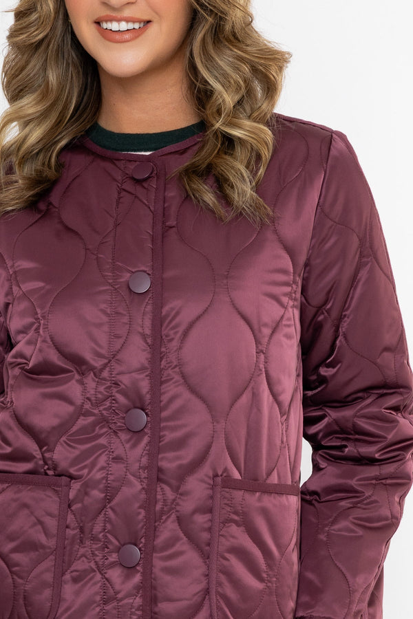 Carraig Donn Burgundy Collarless Quilted Padded Long Sleeve Jacket