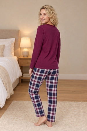 Carraig Donn Burgundy Cotton Tartan Long Sleeve Pyjama Set