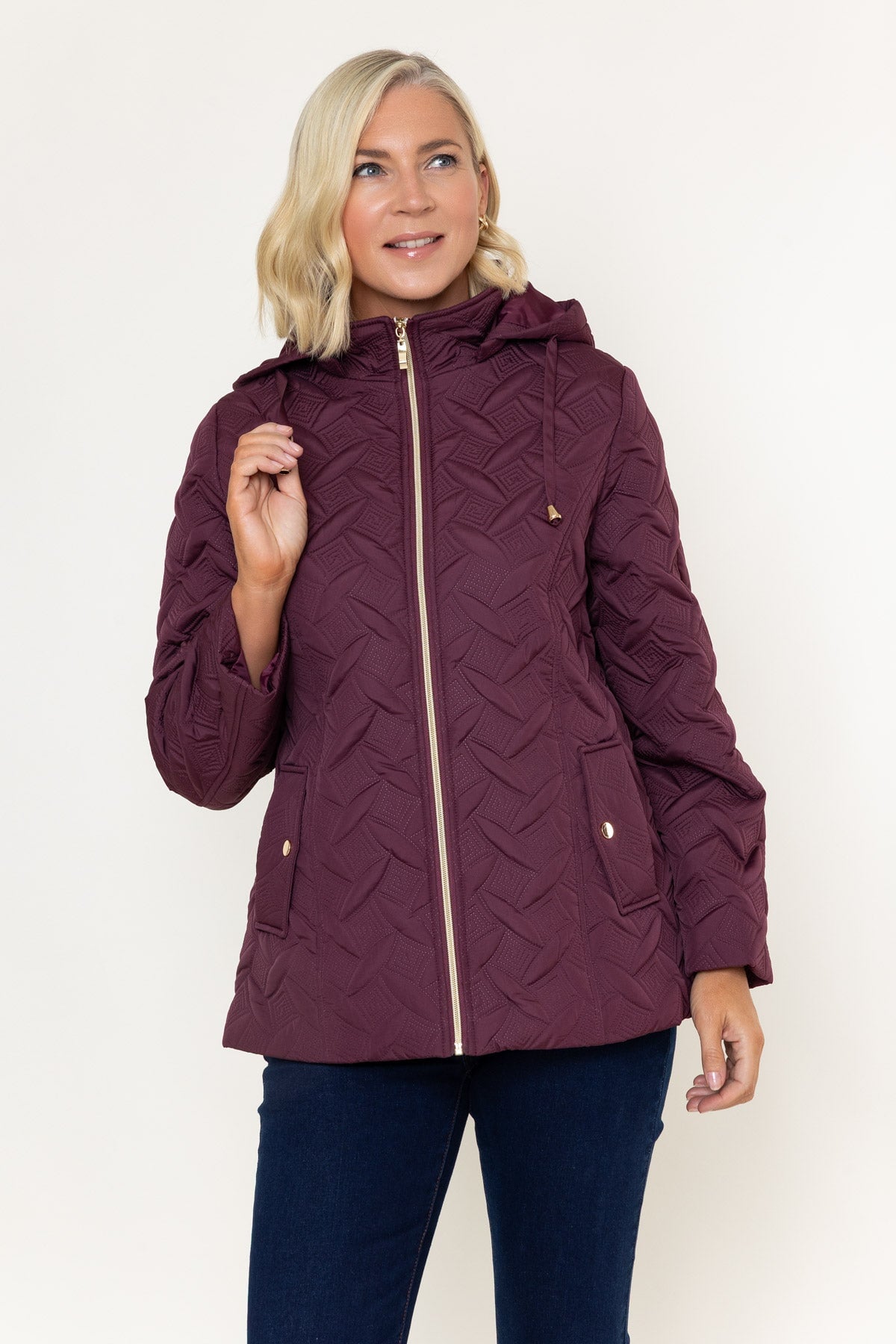 Burgundy Embossed Quilted Detachable Hood Jacket