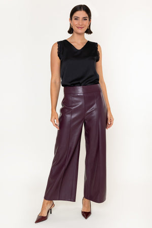 Carraig Donn Burgundy Faux Leather High Waisted Wide Leg Trousers