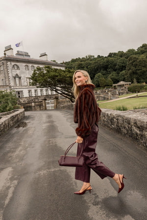 Carraig Donn Burgundy Faux Leather High Waisted Wide Leg Trousers