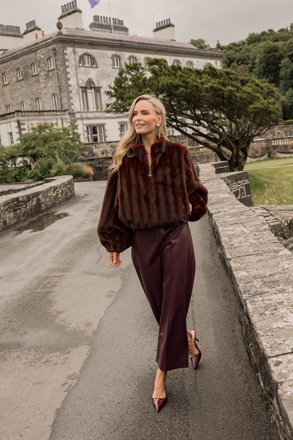 Burgundy Faux Leather High Waisted Wide Leg Trousers