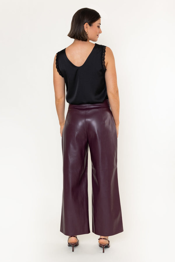 Carraig Donn Burgundy Faux Leather High Waisted Wide Leg Trousers