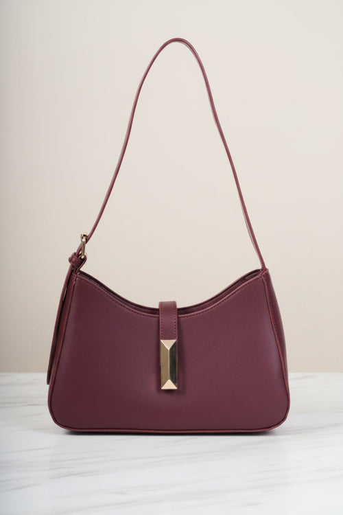 Burgundy Faux Leather Square Metal Buckle Detail Shoulder Bag