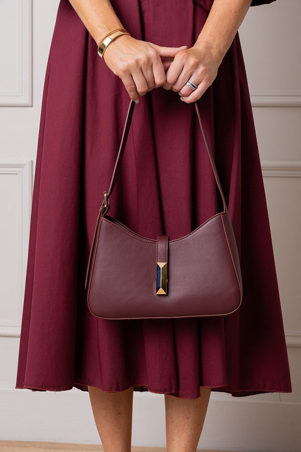 Carraig Donn Burgundy Faux Leather Square Metal Buckle Detail Shoulder Bag