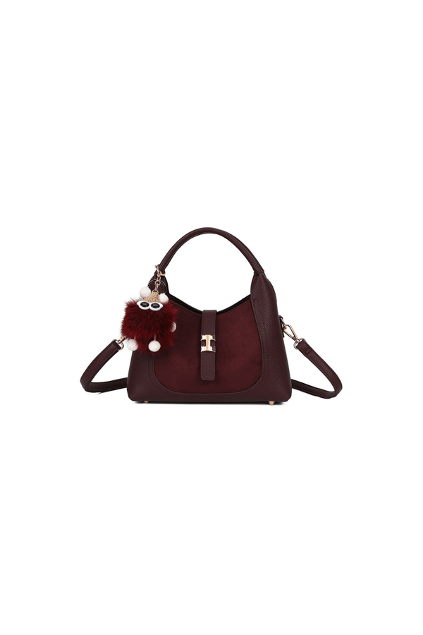 Carraig Donn Burgundy Faux Leather & Suede Fluffy Charm Top Handle Bag