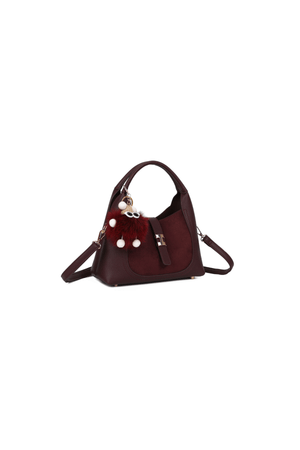Carraig Donn Burgundy Faux Leather & Suede Fluffy Charm Top Handle Bag