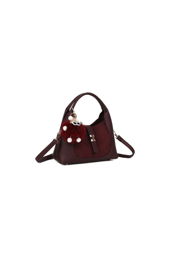 Carraig Donn Burgundy Faux Leather & Suede Fluffy Charm Top Handle Bag