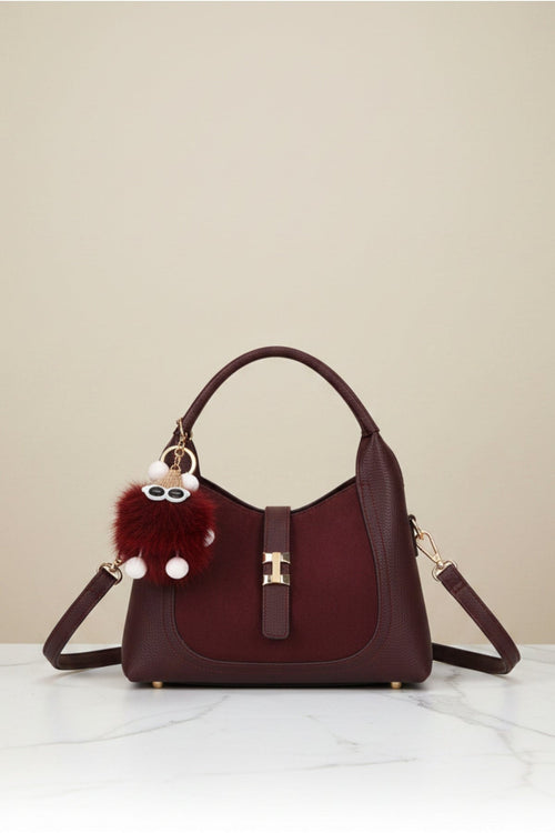 Burgundy Faux Leather & Suede Fluffy Charm Top Handle Bag