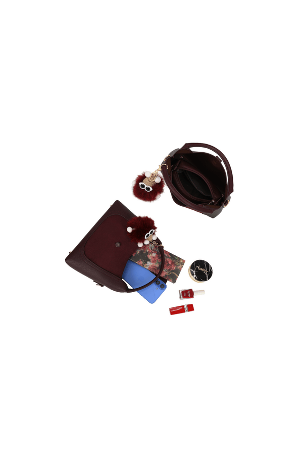 Carraig Donn Burgundy Faux Leather & Suede Fluffy Charm Top Handle Bag