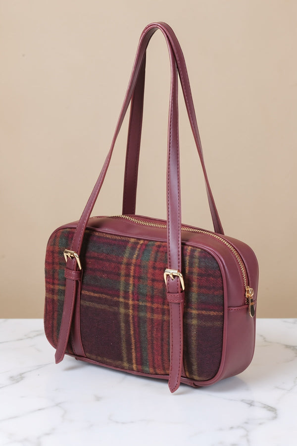 Carraig Donn Burgundy Faux Leather Tartan Print Bowling Bag