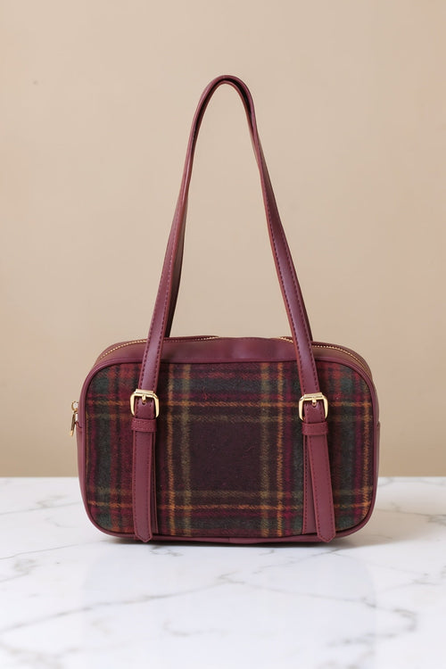 Burgundy Faux Leather Tartan Print Bowling Bag