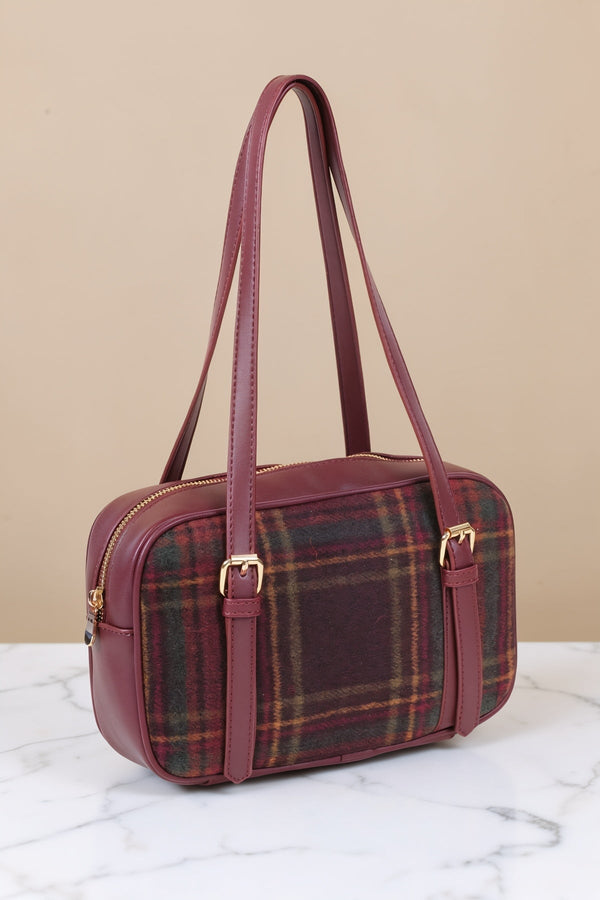 Carraig Donn Burgundy Faux Leather Tartan Print Bowling Bag