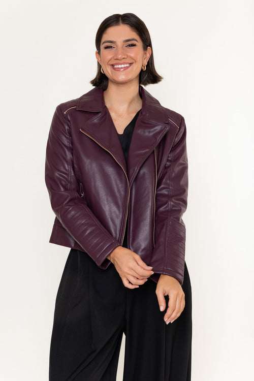 Burgundy Faux Leather Zip Biker Jacket