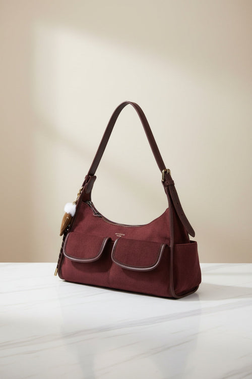 Burgundy Faux Suede Front Pocket Hobo Shoulder Bag
