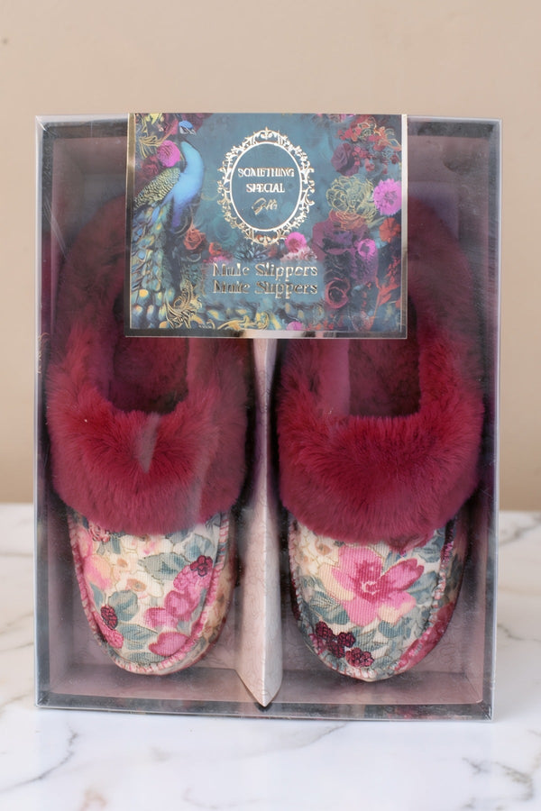 Carraig Donn Burgundy Floral Print Faux Fur Trim Mule Slippers