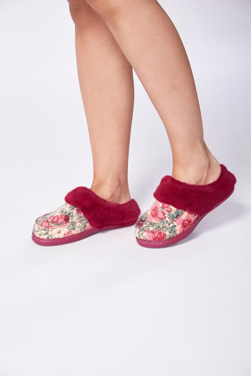 Burgundy Floral Print Faux Fur Trim Mule Slippers