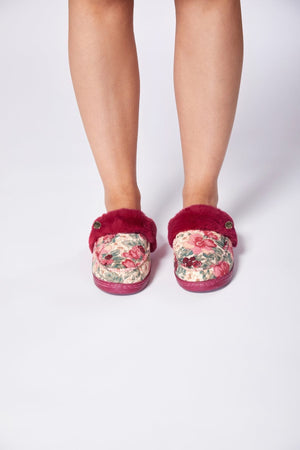 Carraig Donn Burgundy Floral Print Faux Fur Trim Mule Slippers