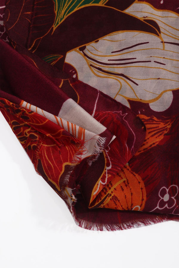 Carraig Donn Burgundy Floral Print Viscose Cotton Blend Scarf