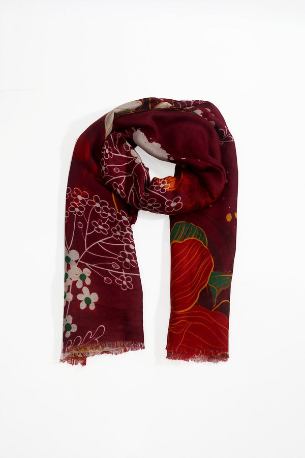 Carraig Donn Burgundy Floral Print Viscose Cotton Blend Scarf