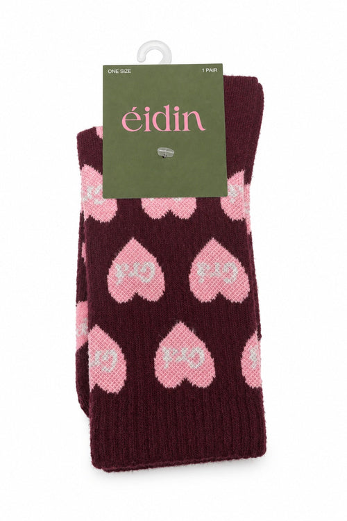 Burgundy Heart Print Cotton Blend "Grá" Socks